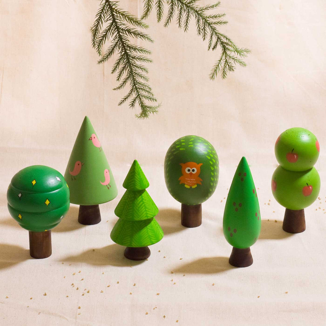 Handmade Natural Wood Christmas Tree Table Decor | Set of 6