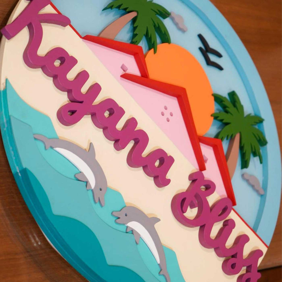 Personalized Beach Theme MDF Wood Round Name Plate With Back Light