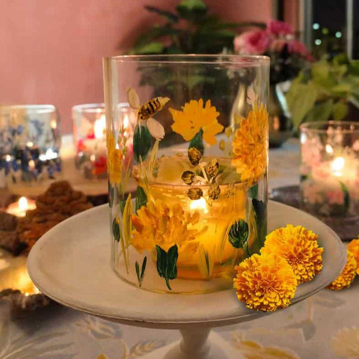 Hand Painted Floral Glass Candle Holder