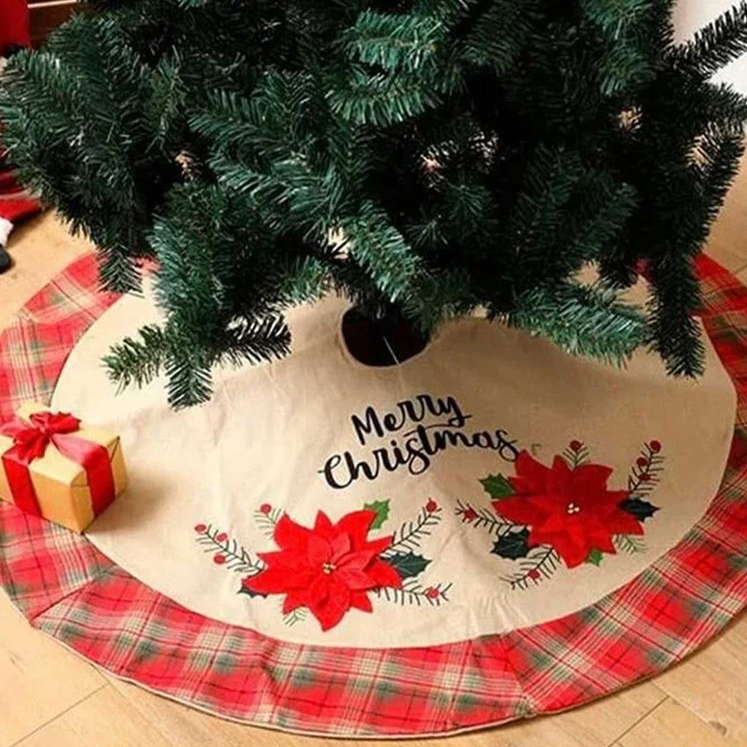 Personalized Checkered Botanical Bliss Cotton Tree Skirt For Christmas Tree Decoration