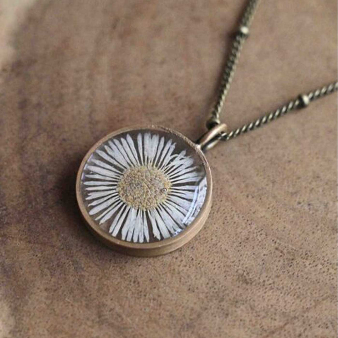 Handmade Preserved Flower Aster Brass Necklace