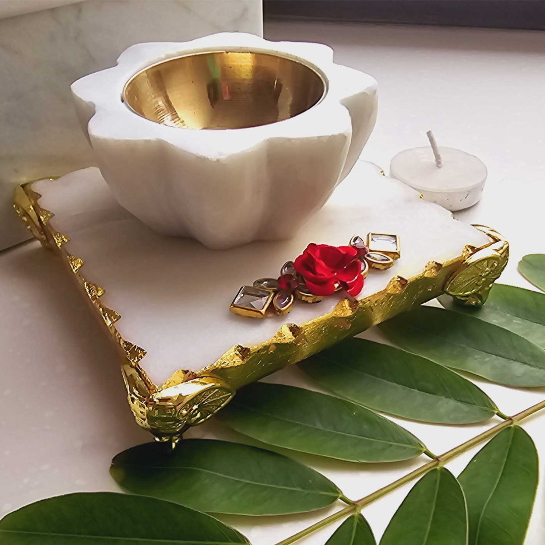 Handmade Sunflower Marble & Brass Diya With Pooja Chowki | Set of 2