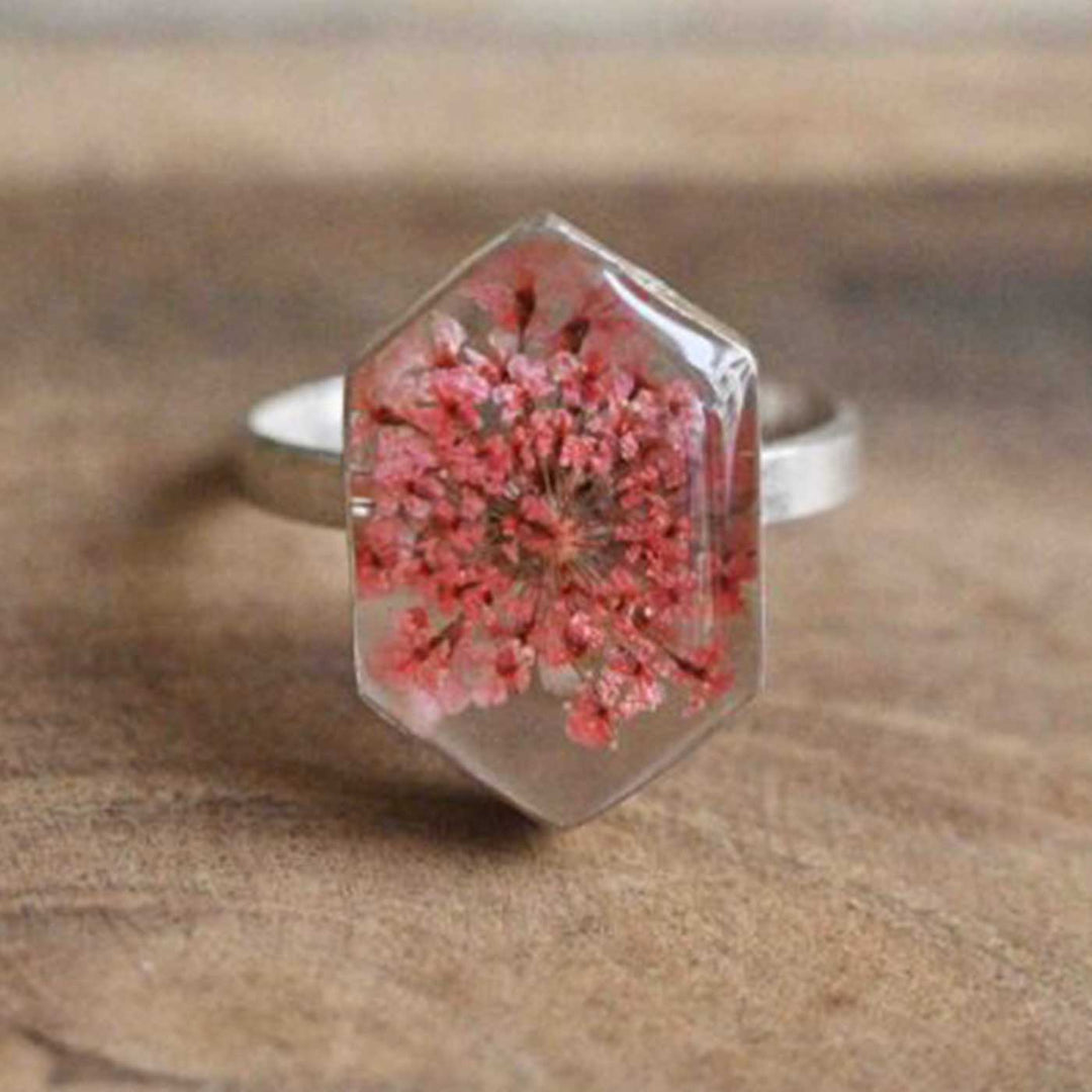 Handmade Preserved Flower Coral Queen Brass Ring