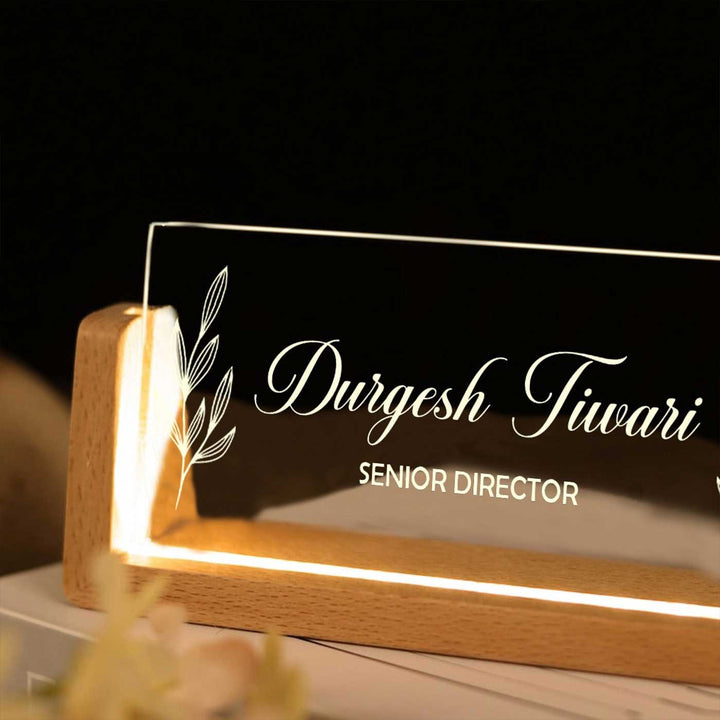 Personalized Profession Floral Theme Sleek Glass Desk Nameplate With LED Light