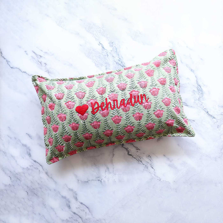 Personalized Block Printed Cotton Green Pillow Cover