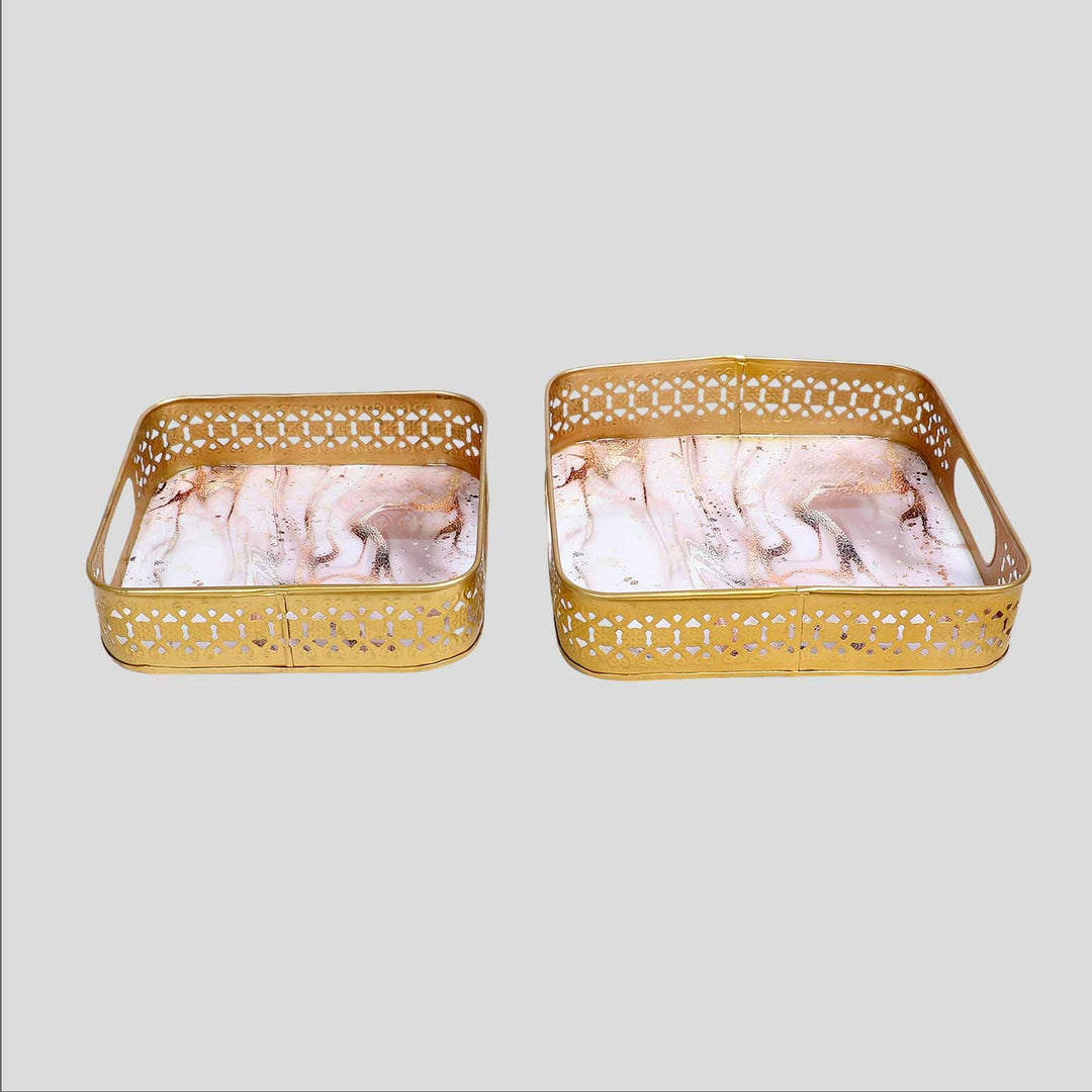 Handmade Pink & Gold Wavy Design Tray | Set Of 2