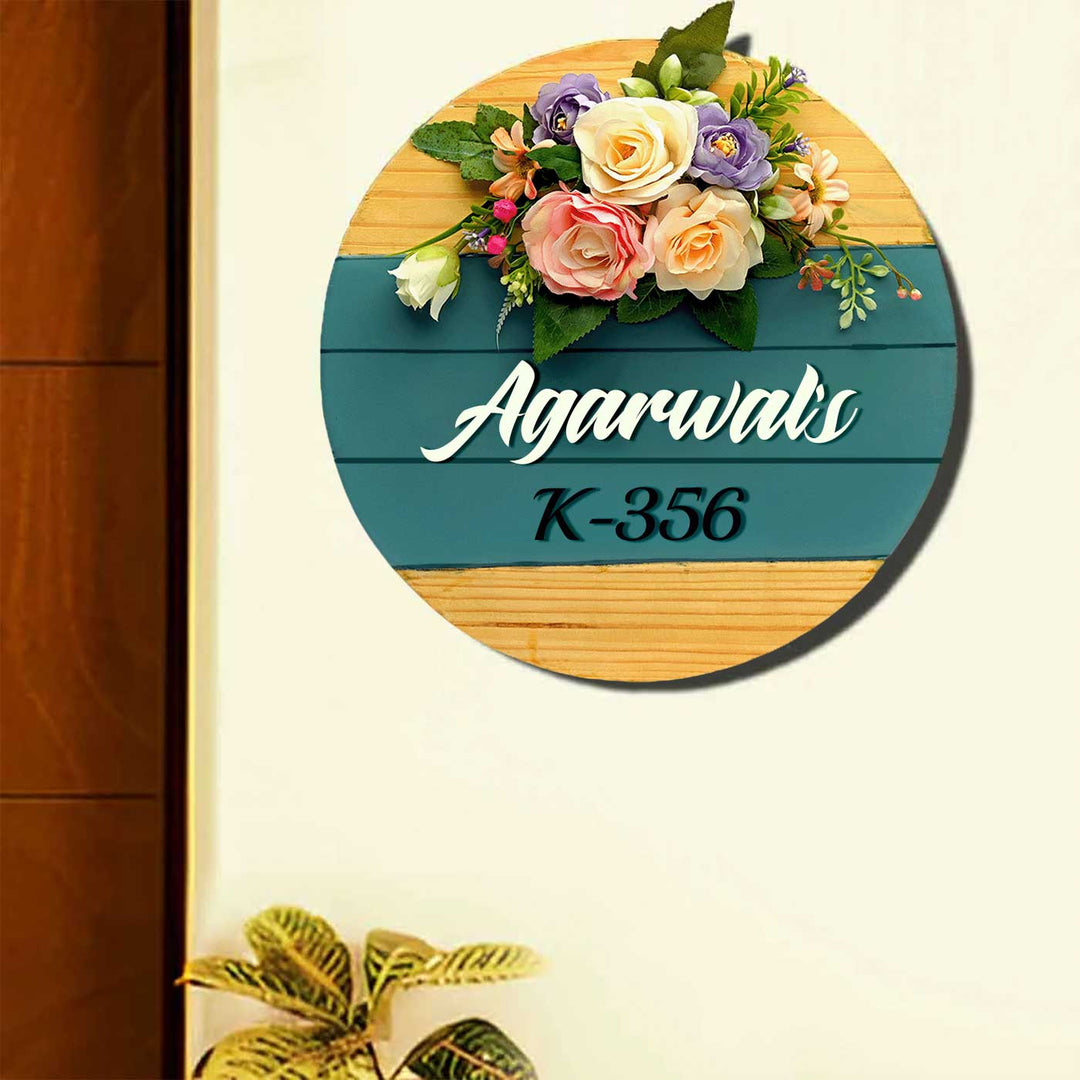 Personalized Handmade Floral Round Wooden Name Plate With 3D Letters