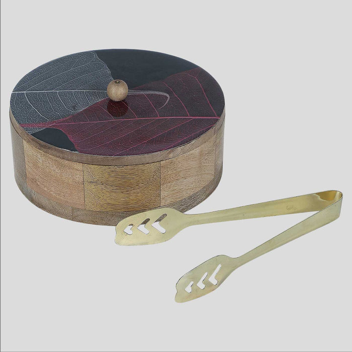 Handmade Leaves Design Printed Mango Wood Roti Box With Tong