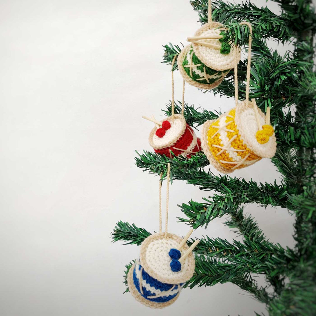 Handmade Drums Crochet Ornaments For Christmas Tree Decoration | Set Of 4