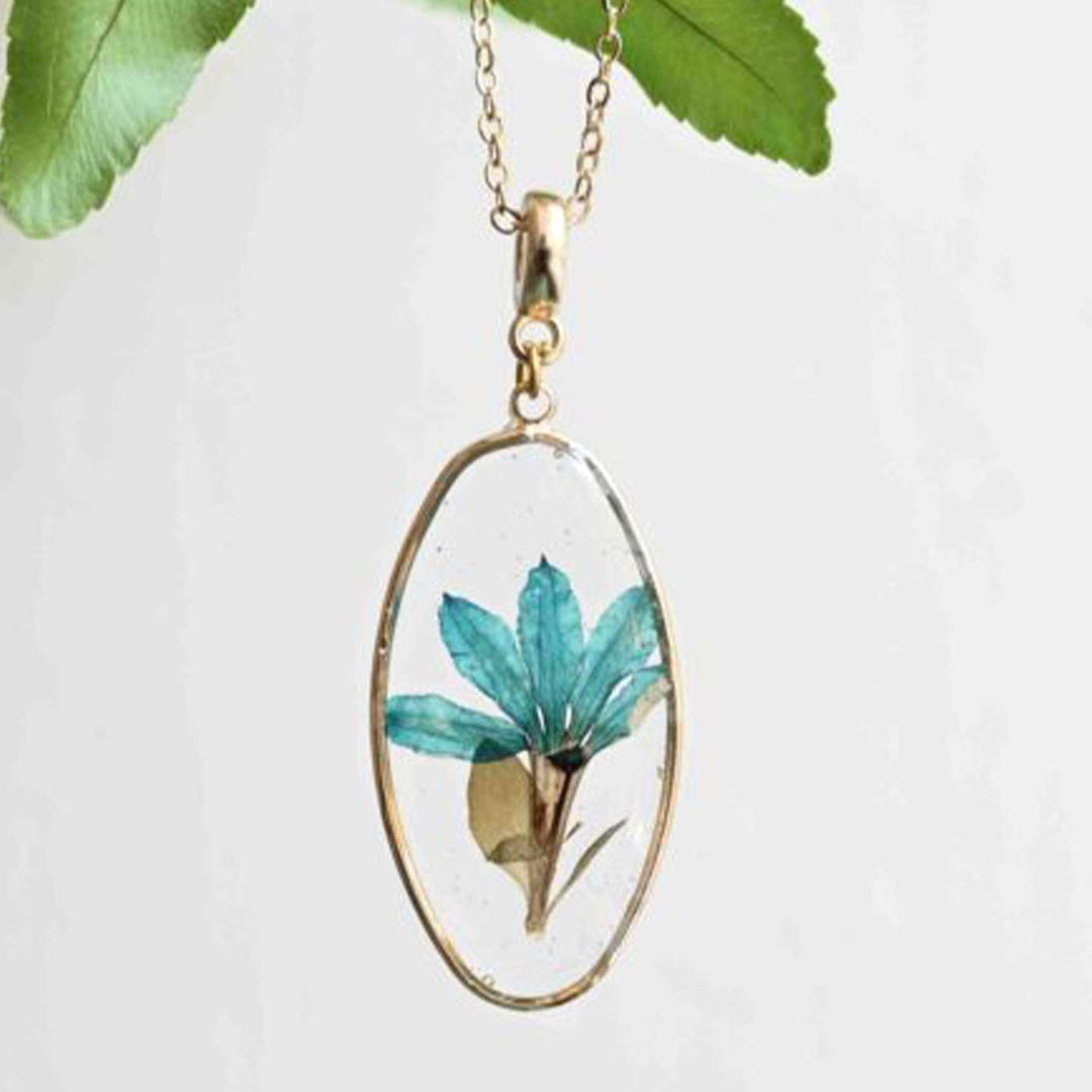 Handmade Preserved Flower Fairy Fan Elongated Brass Necklace