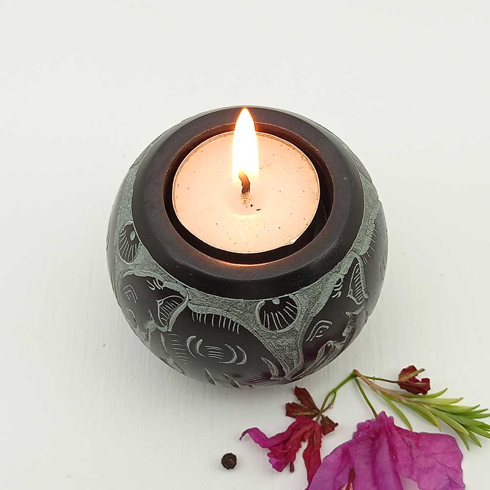 Handmade Black Almas Round Shape Candle Holder | Set of 4