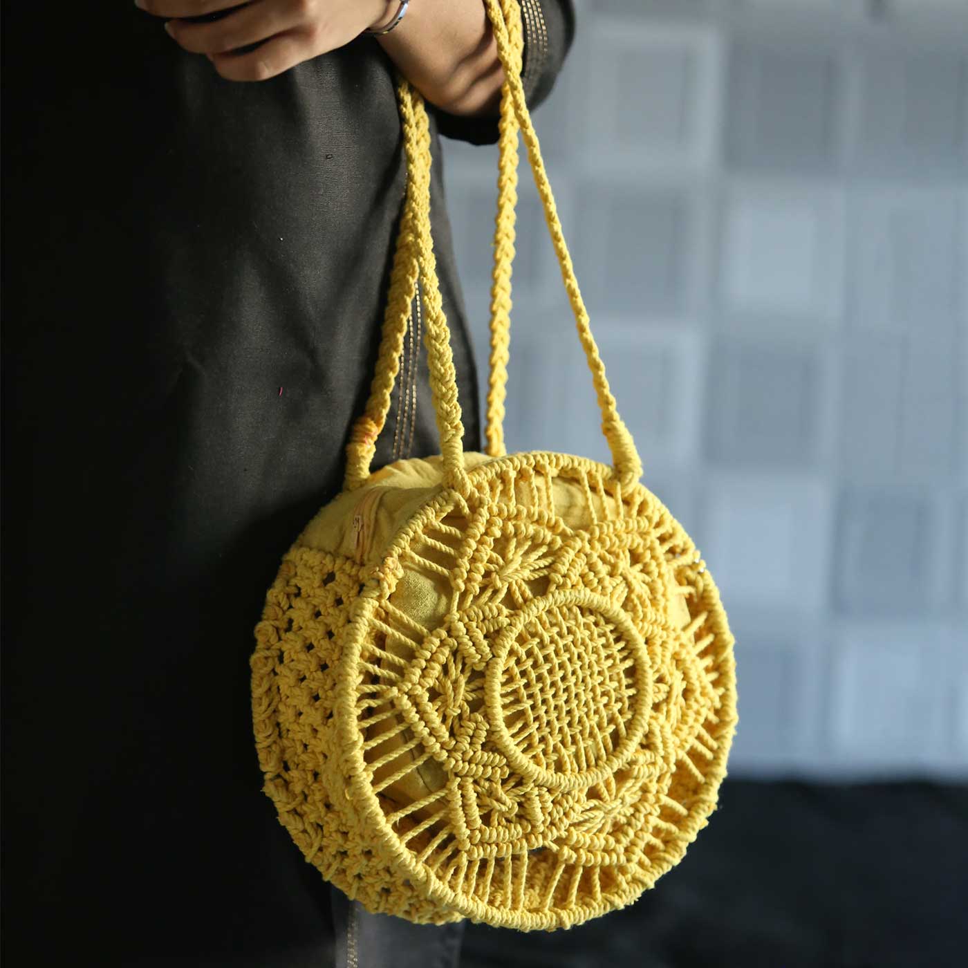 Macrame Yellow and White Handbag with Wooden Handle | Handmade Bag | Perfect Craft discount Gifts Handmade with Love