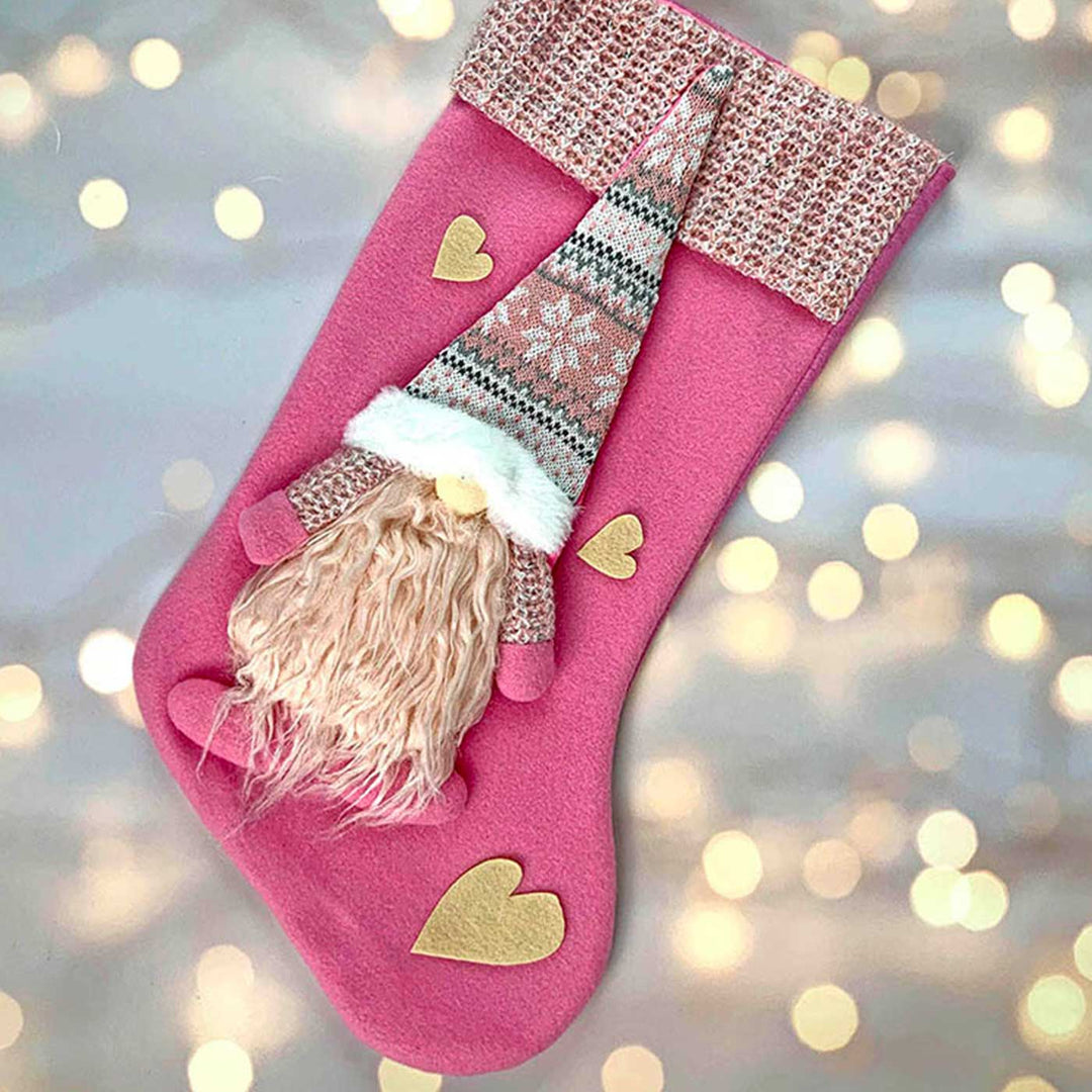 Handmade Pink Beard Gnome Woolen Stockings For Christmas Decoration