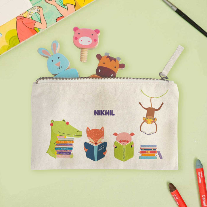 Personalized Animal Library Theme Cotton Pencil Pouch