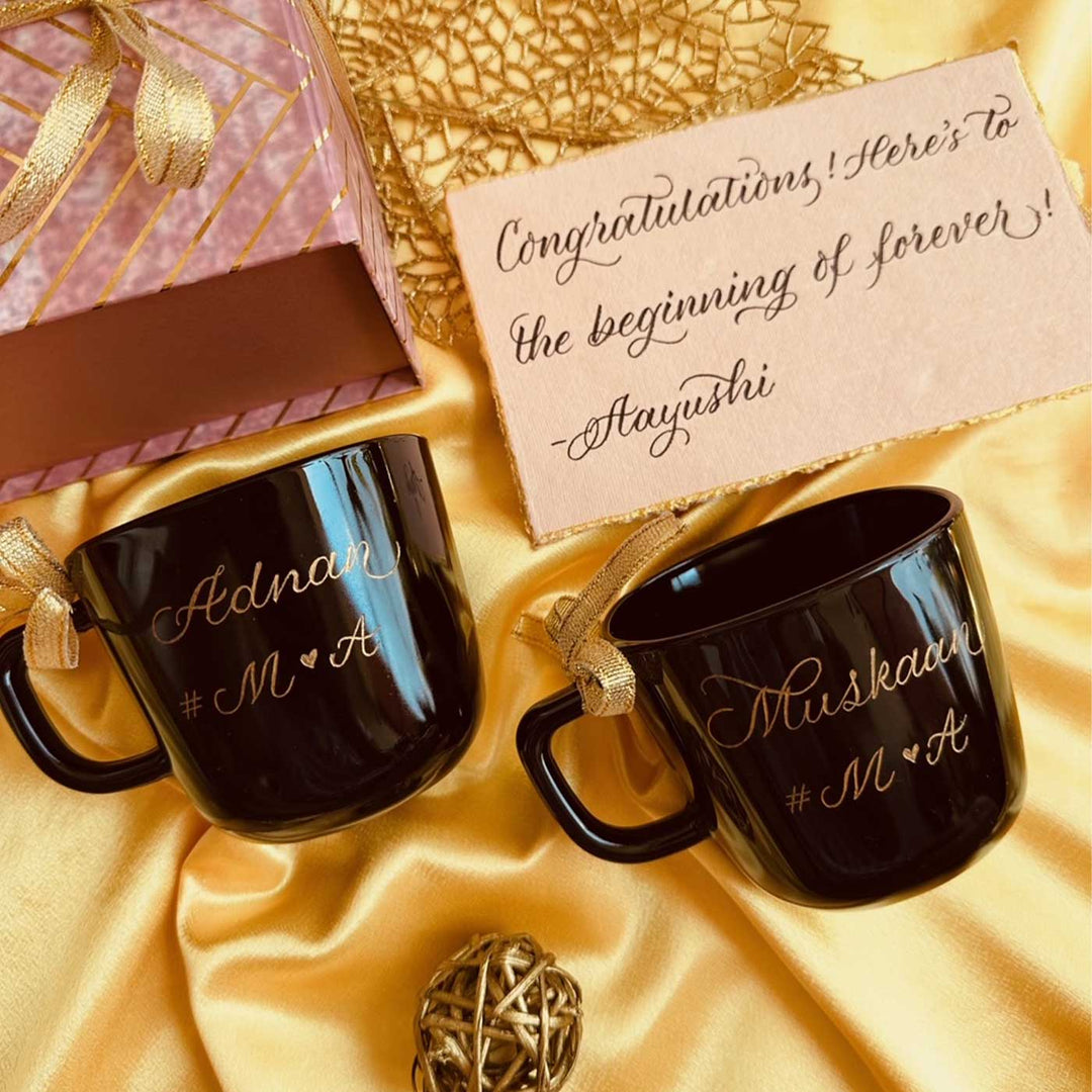 Personalized Ceramic Coffee Mugs With Golden Bow For Couples | Set of 2