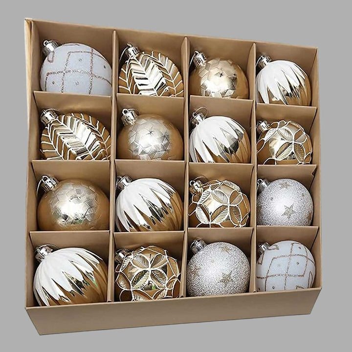 Gold & Silver Icing Theme Shimmer Set Christmas Ball Ornaments For Decoration | Set of 16