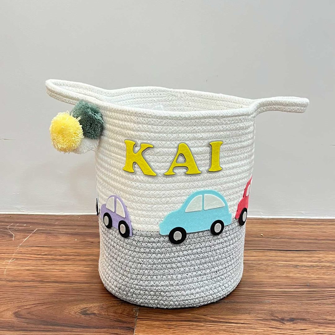 Personalized Handmade Vintage Vroom Jute Basket For Kids