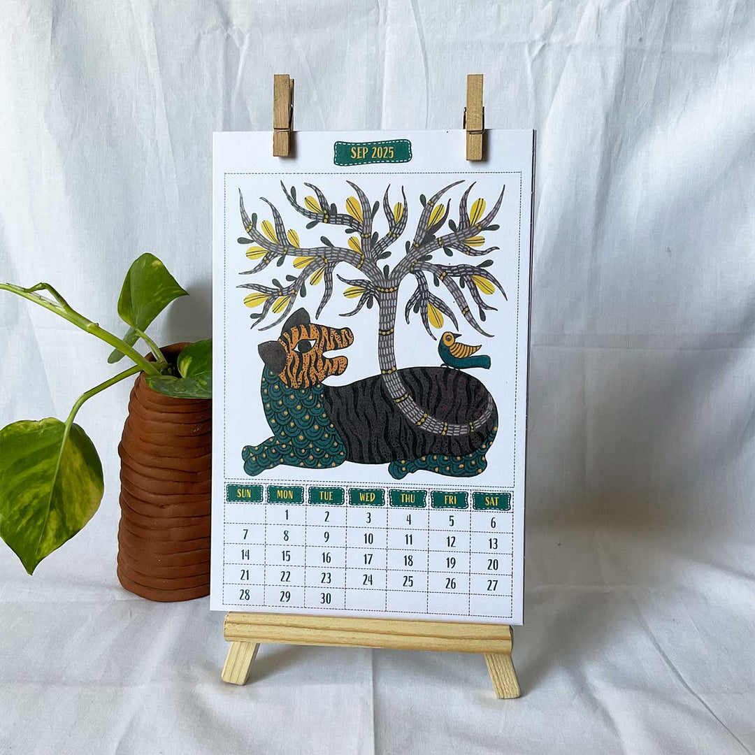 2025 Printed Indian Gond Art Theme Desk Calendar With Easel & Wooden Clips