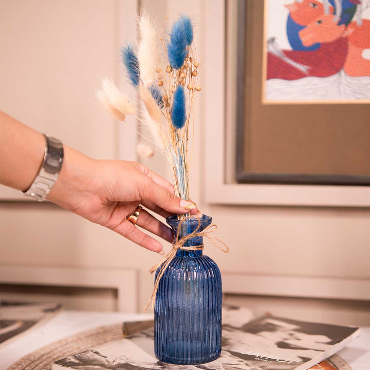 Ocean Blue Glass Vase With Dried Flower Bunch