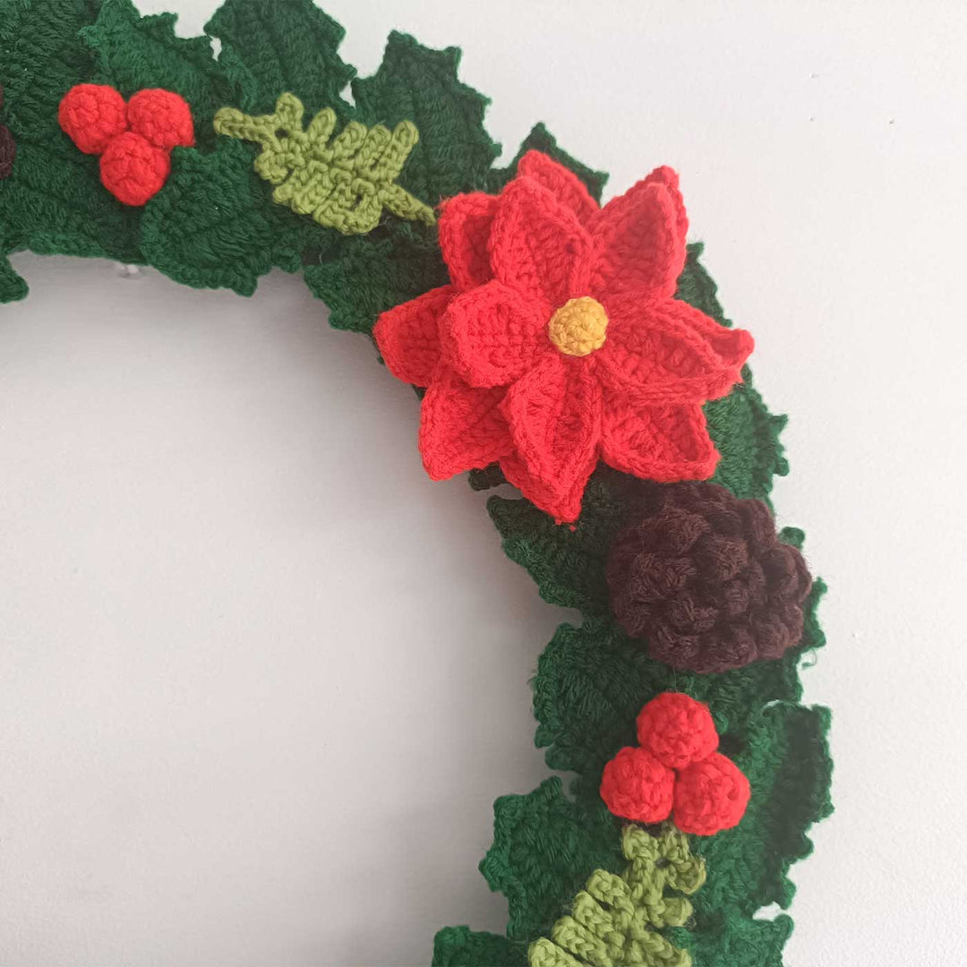 Handmade Green & Red Crochet Wreath For Christmas Door Decoration