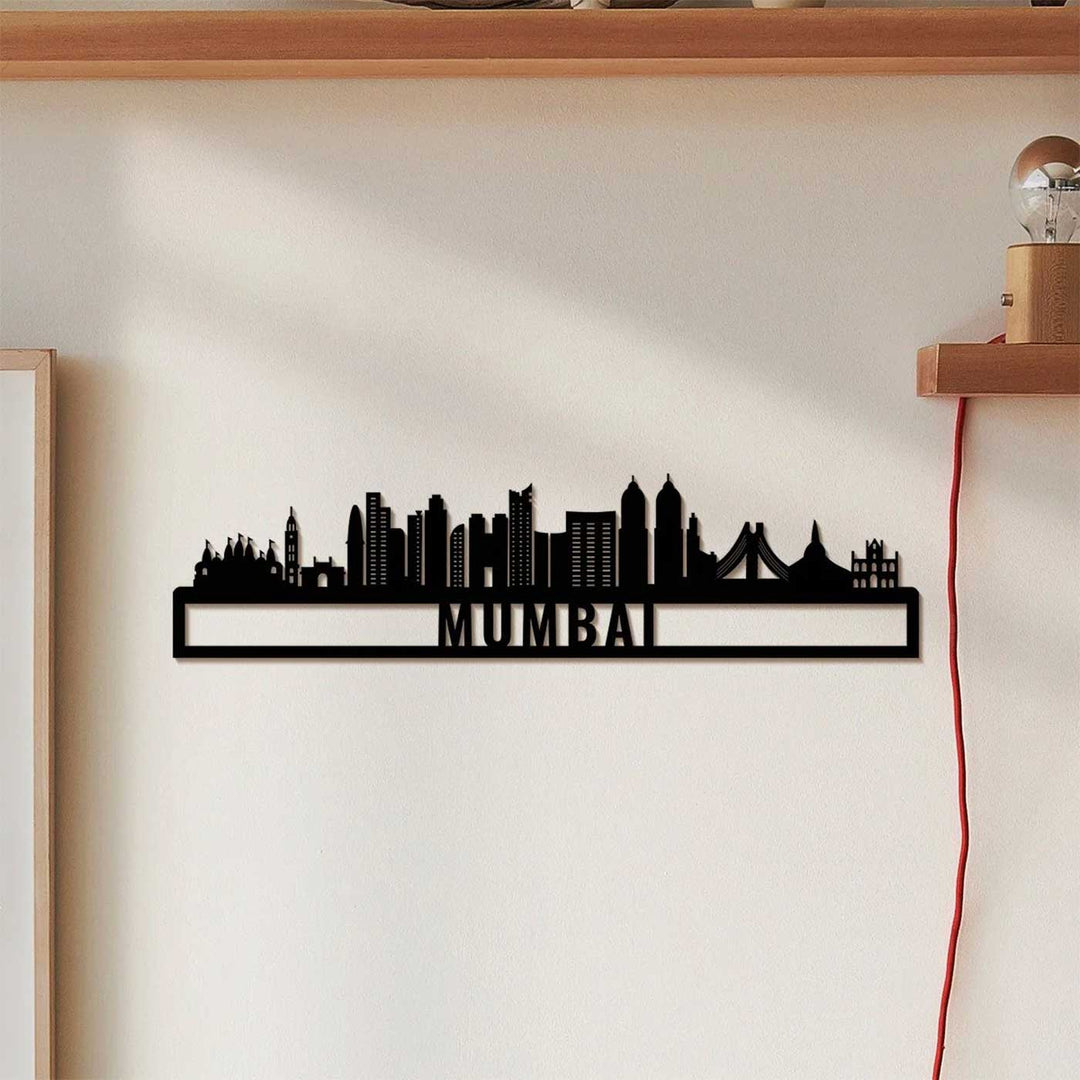 Printed Black Wooden Mumbai City Skyline Wall Decor