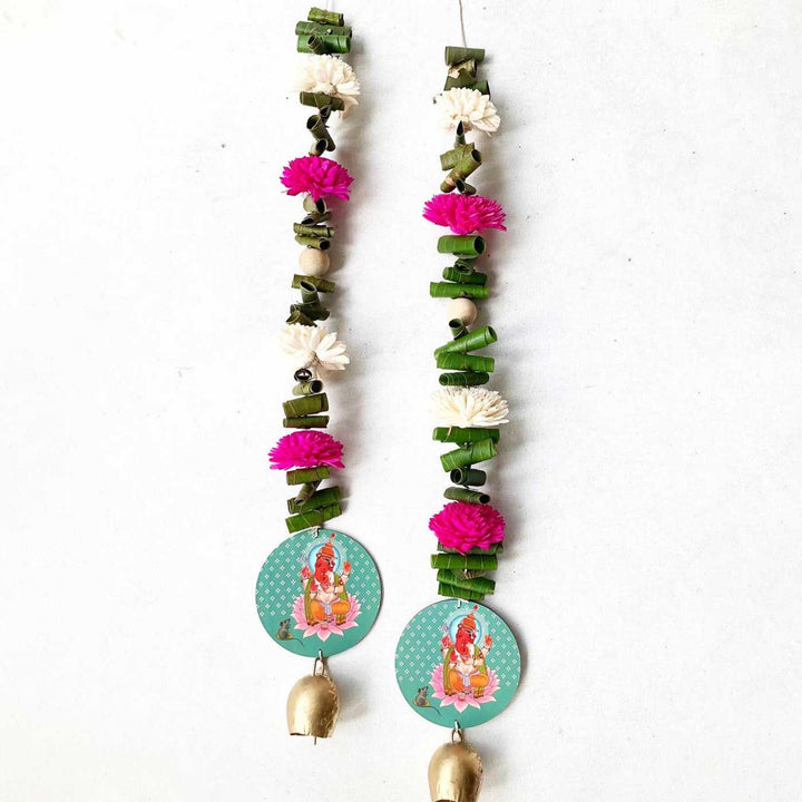 Handmade Teal Ganesha Shola Flower & Bay Leaf Hanging