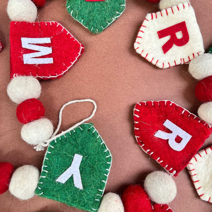 Handmade 3D Upcycled Merry Christmas Felt Garland/ Bunting For Christmas Decoration