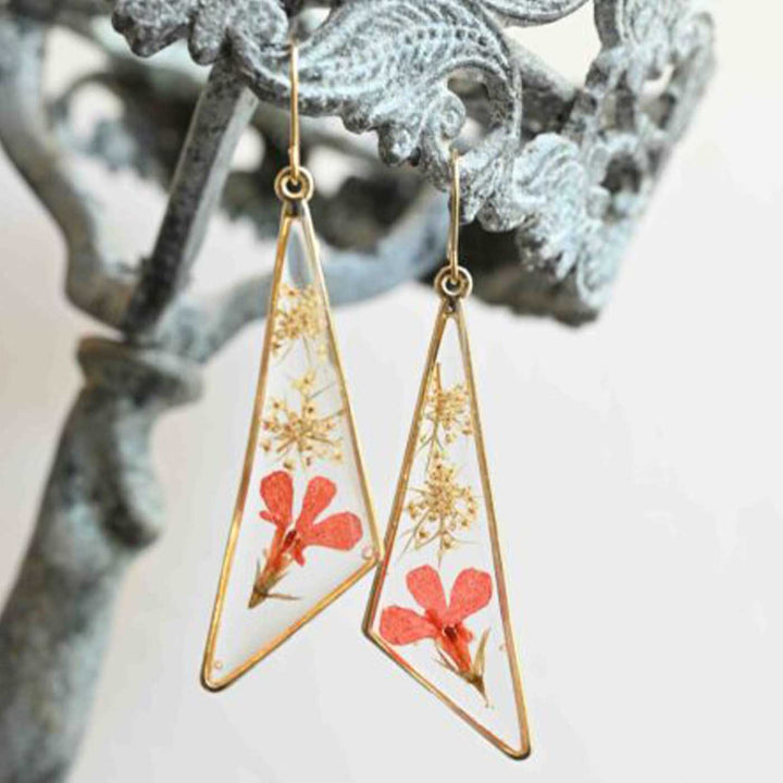 Handmade Preserved Flower Art Deco Red Lobelia Brass Earrings