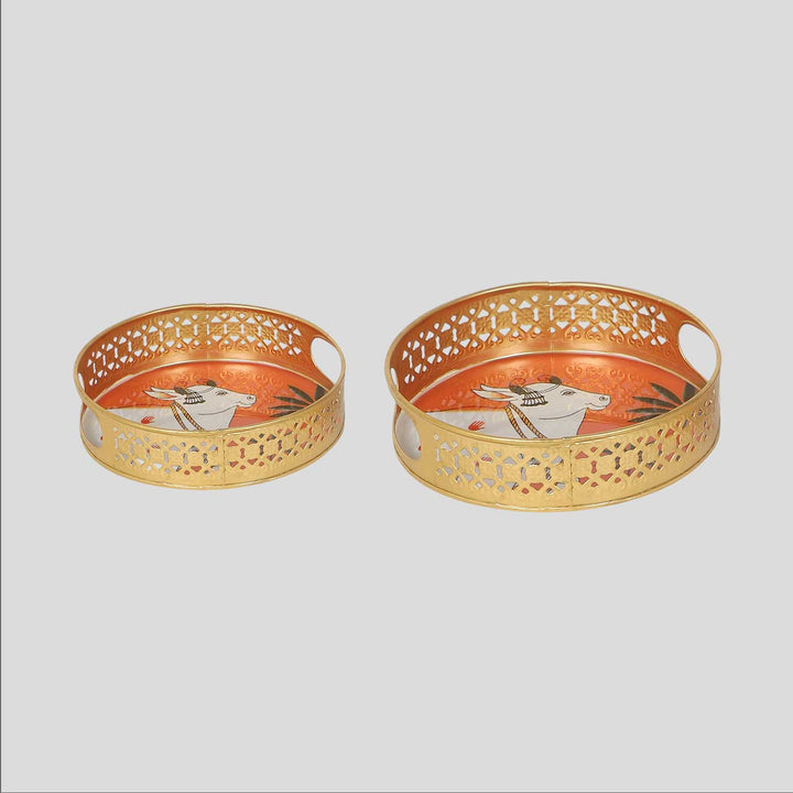 Handmade Round Orange Pichwai Tray | Set Of 2