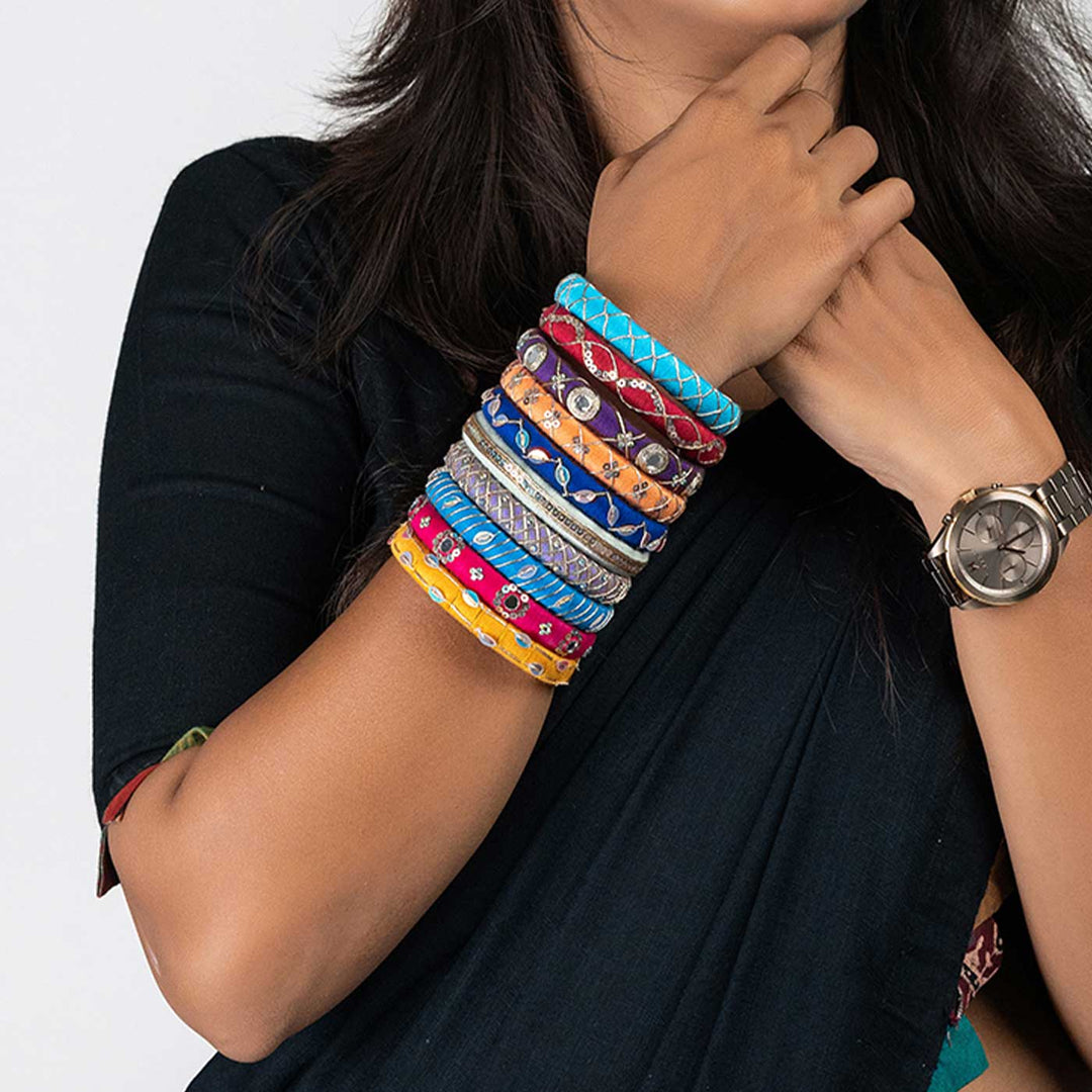 Multicolour Handcrafted Varuni Silver Sequence Work Bangles | Set of 10