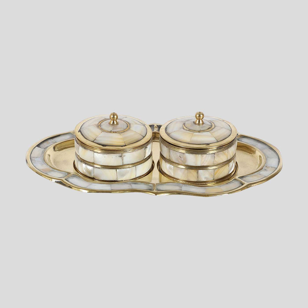 Handmade Brass & Mop Platter With  Supari Boxes | Set Of 3