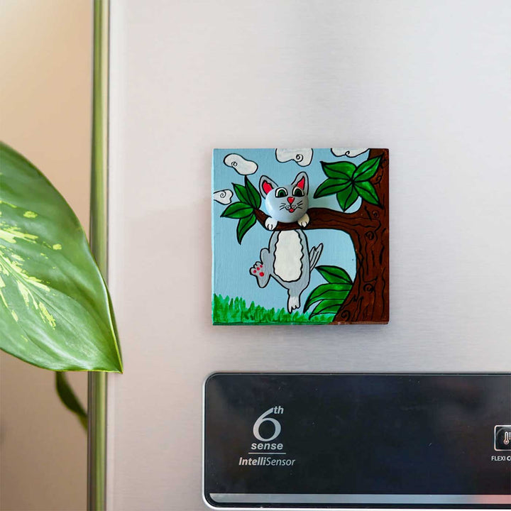 Hand-Painted Pebble Art Cat Theme Wooden Fridge Magnet