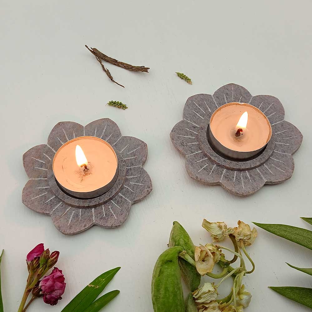 Handmade Grey Kanan Lotus Flower Tealight Holder | Set Of 4