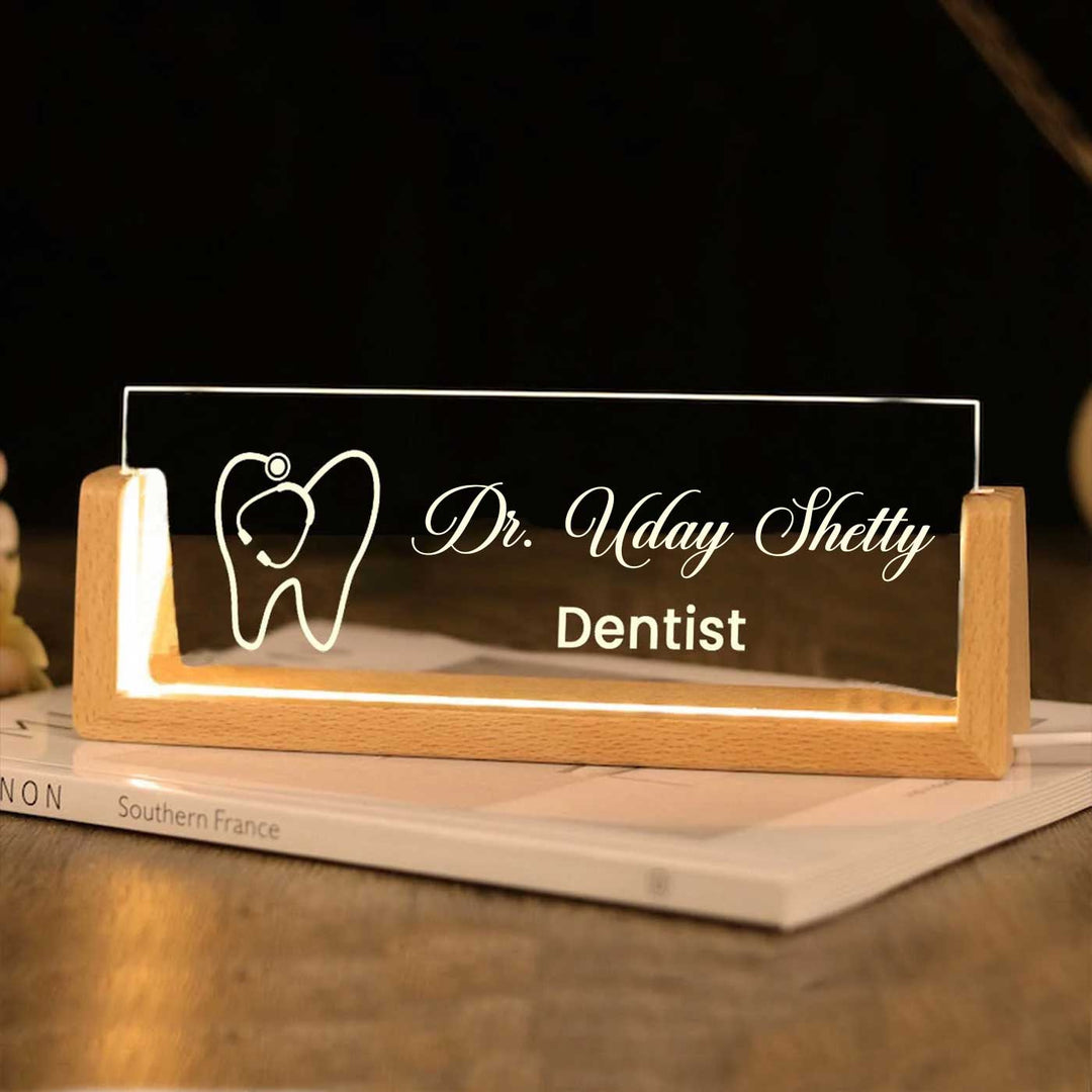 Personalized Dentist Sleek Glass Desk Nameplate With LED Light