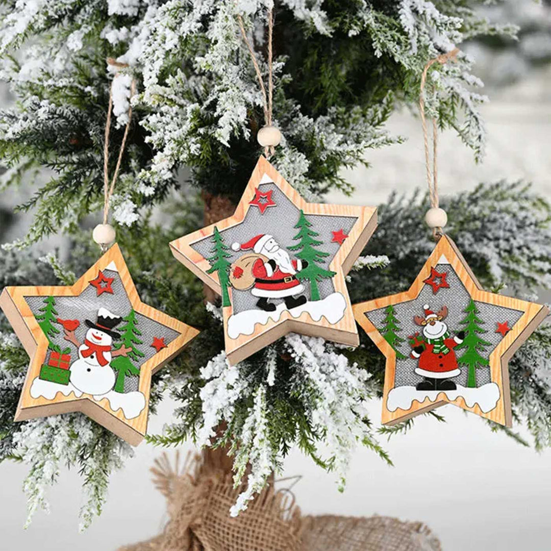 Handmade Shimmer Star Wooden Ornaments With Lights For Christmas Tree Decoration