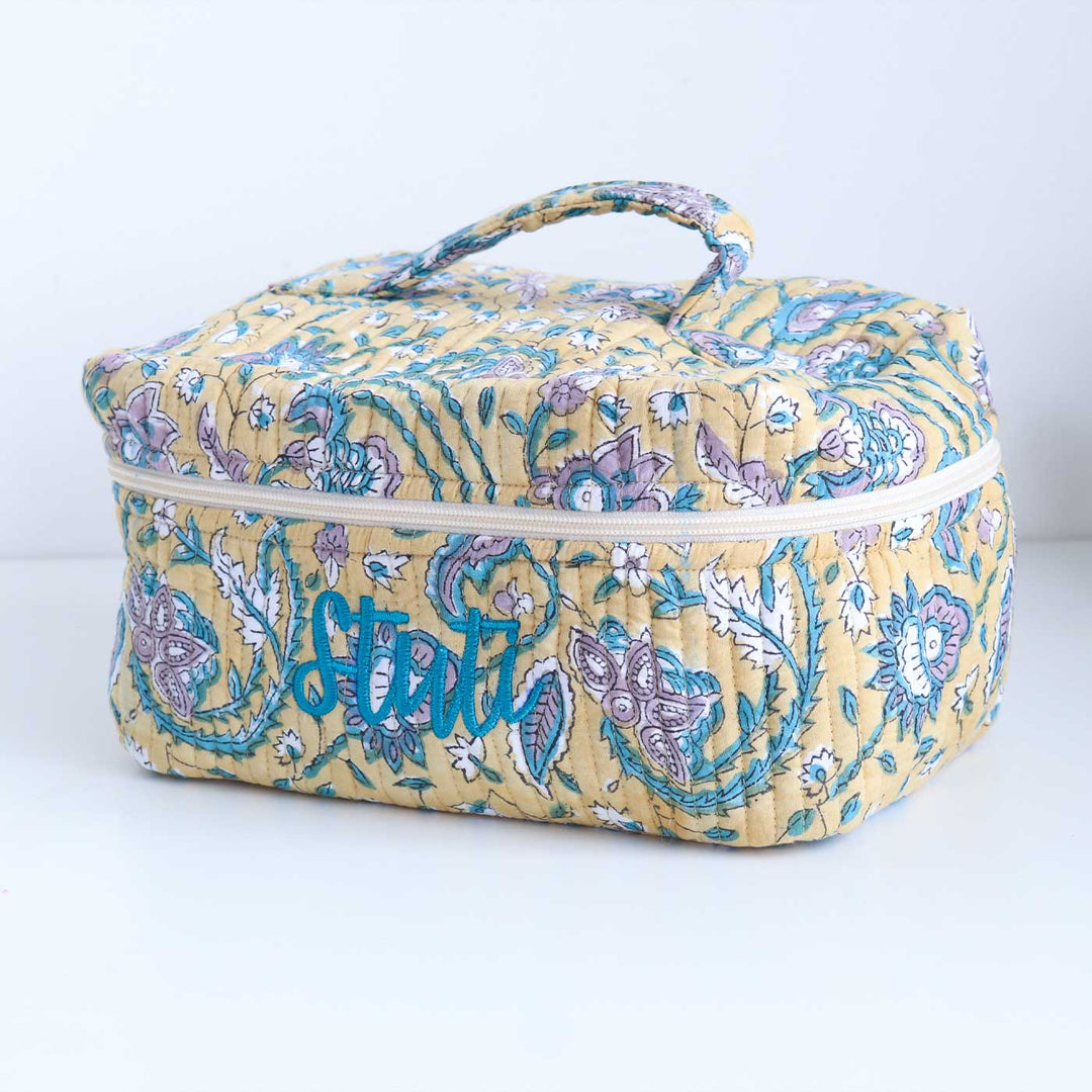 Personalized Block Printed Cotton Yellow Vanity Bag