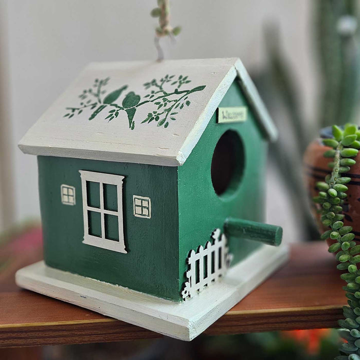 Hand-Painted Green & White Bird House