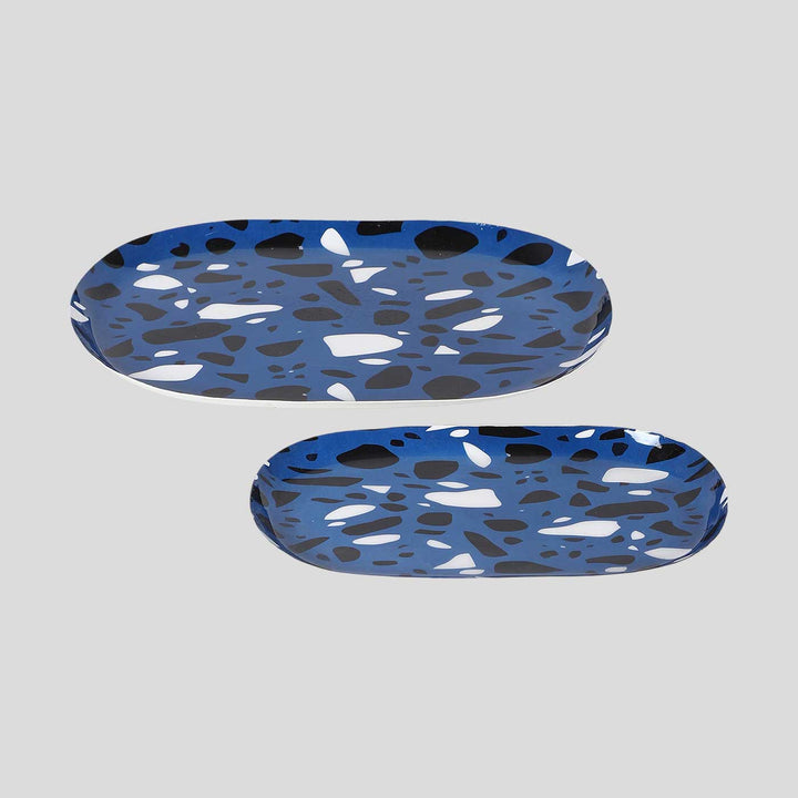 Handmade Blue & Black Metal Oval Platter | Set Of 2