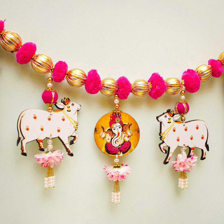 Handmade Pinkpom Poms With Ganesha & Cow Pichwai Toran