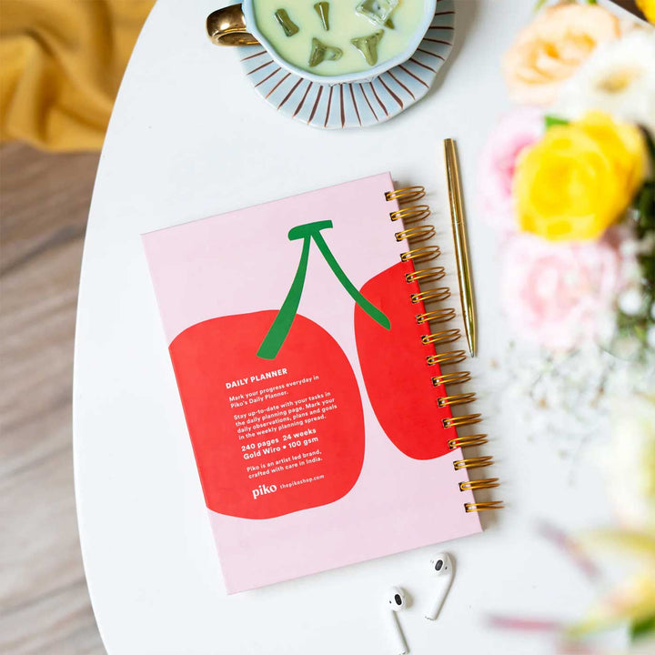 Cherry Undated Spiralbound Daily Planner | Habit & Wellness Tracker | 240 Pages