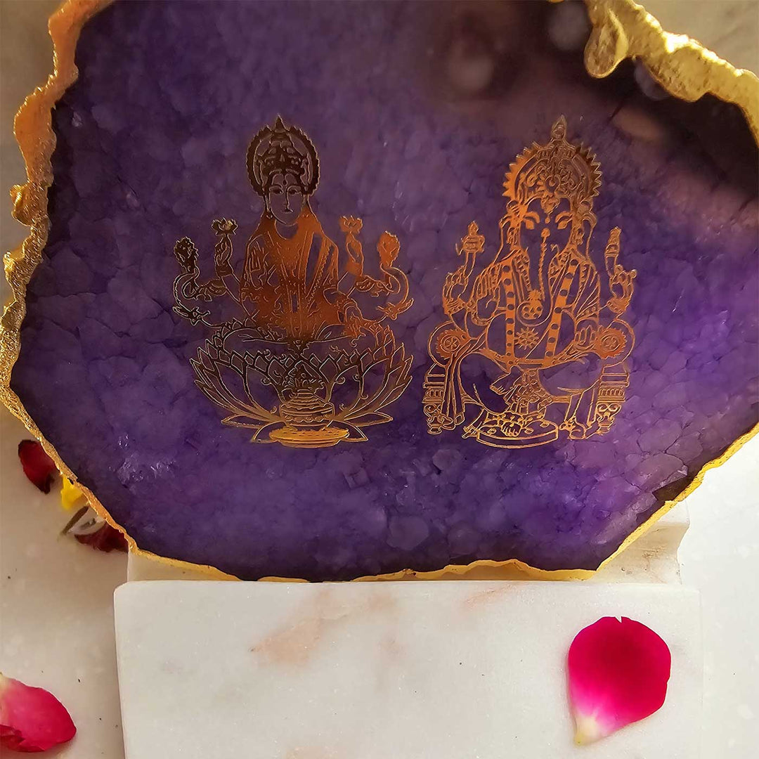 Handmade Purple Laxmi Ganesha Agate Decor With Marble Base Tea Light Holder