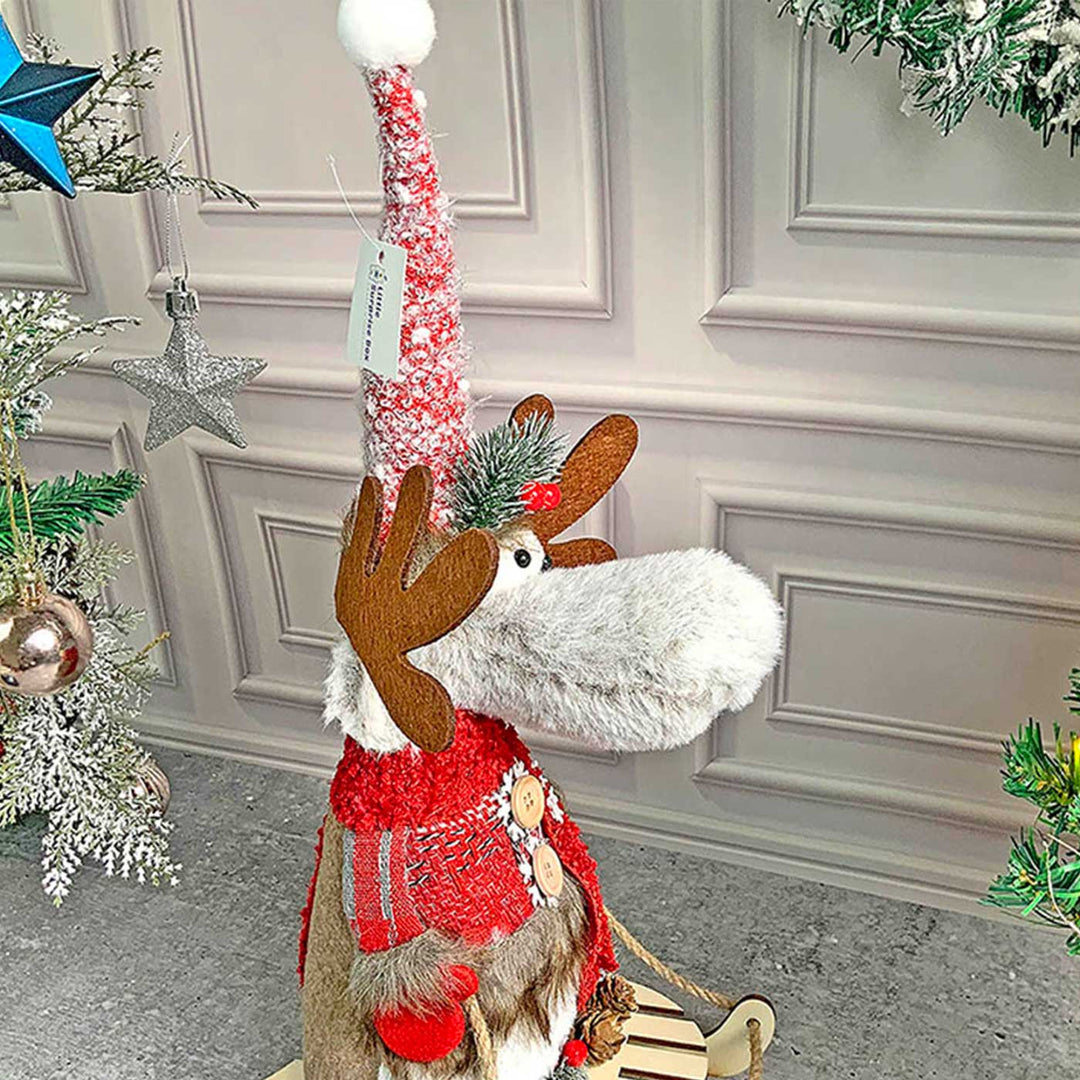 Grey & Red Deer On Snow Sledge Woolen Decor For Christmas Table Decoration