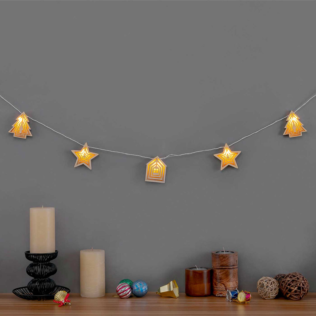 Decorative Birch Wood 3D Jonah House & Star Fairy Light