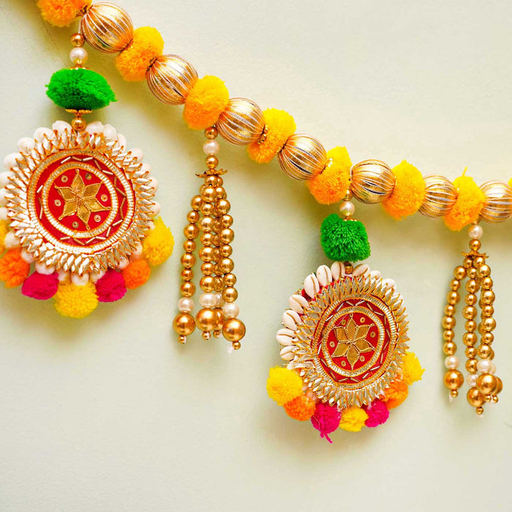 Handmade Yellow Pom Pom Toran With Decorative Shell Bangles