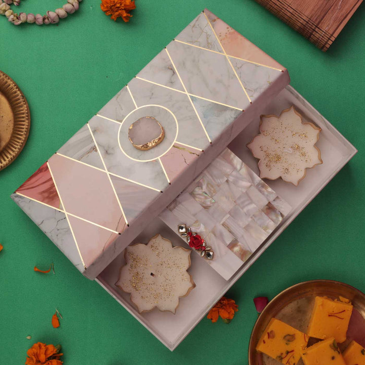 Handmade Mother Of Pearl Square Pooja Chowki With Metal Votive Candle | Set Of 3