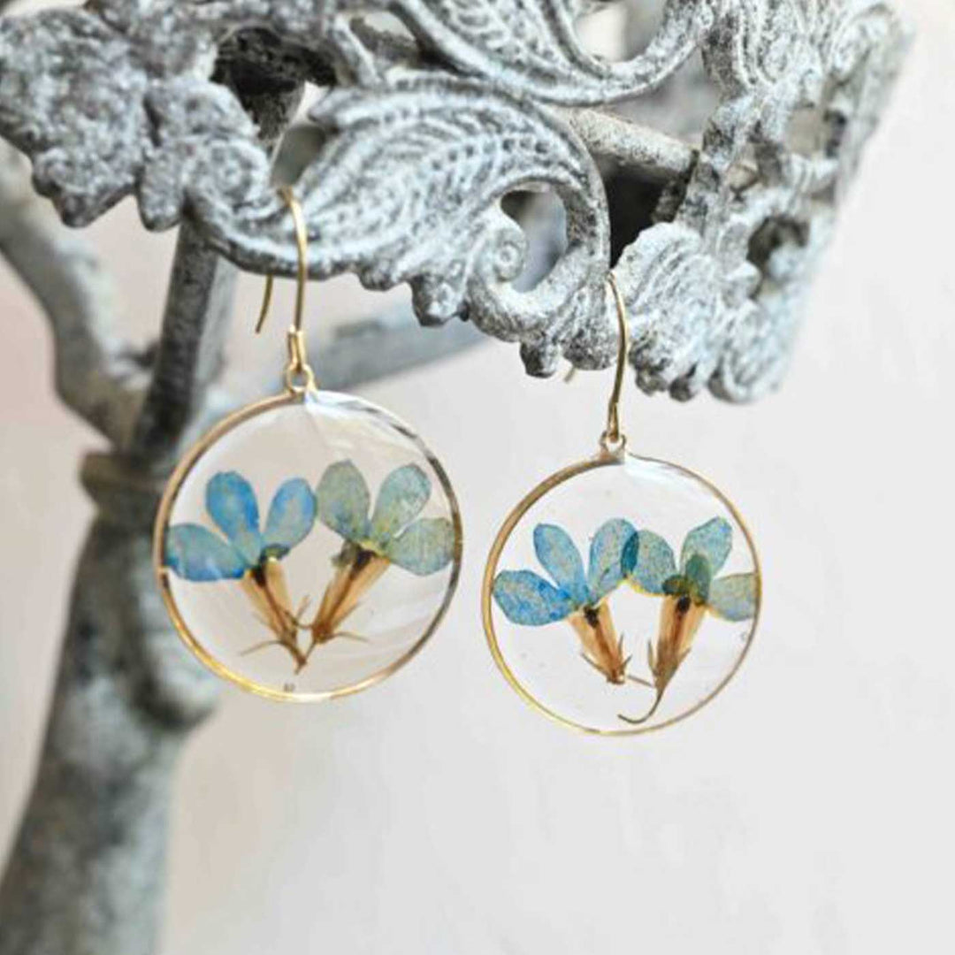 Handmade Preserved Flower Blue Lobelia Brass Earrings