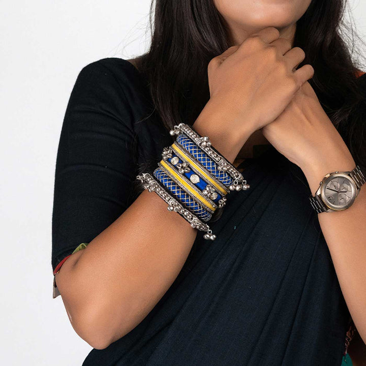 Blue & Yellow Handcrafted Meher Silver Ghugharu Bangles | Set of 7