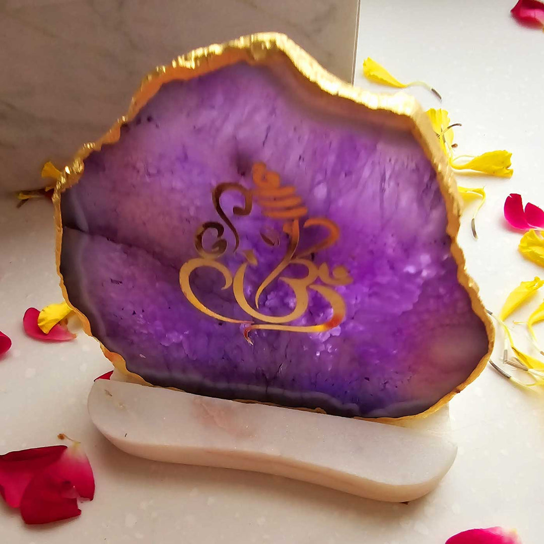 Handmade Purple Ganesha Agate Decor With Marble Tea Light Holder