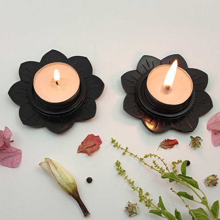 Handmade Black Altair Lotus Flower Candle Holder | Set Of 2