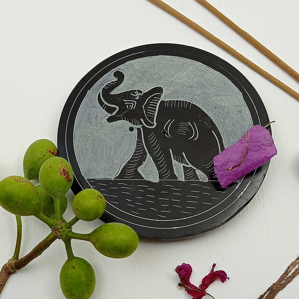 Handmade Black Izaan Elephant Soapstone Incense Stick Holder | Set of 2